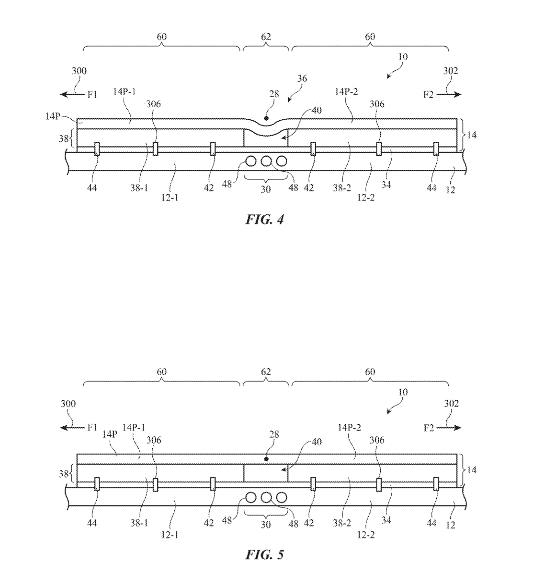 Pulling the display flat: Figs. 4–5 compare a creased state with the proposed tensioned state. Original April 30, 2026 publication, PDF page 5. These are illustrative configurations, not measured Duo results.