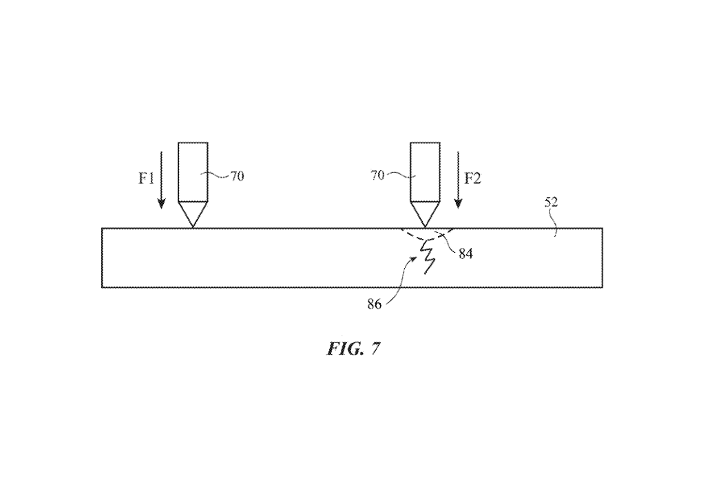 A sharp-contact test, not a phone drop test. Fig. 7 shows indentation and crack formation in glass. Original March 19, 2026 publication, PDF page 8.