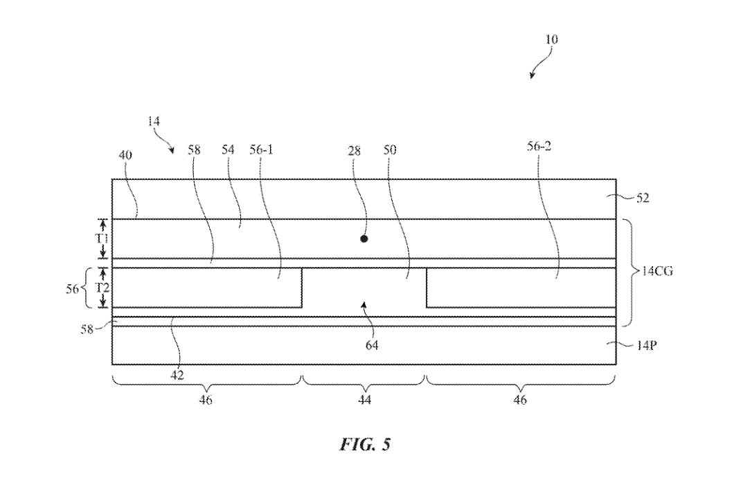 One glass layer crosses the fold; another is interrupted by gap 64. Fig. 5, original March 19, 2026 publication, PDF page 6. The illustrated stack is an option disclosed in this application.