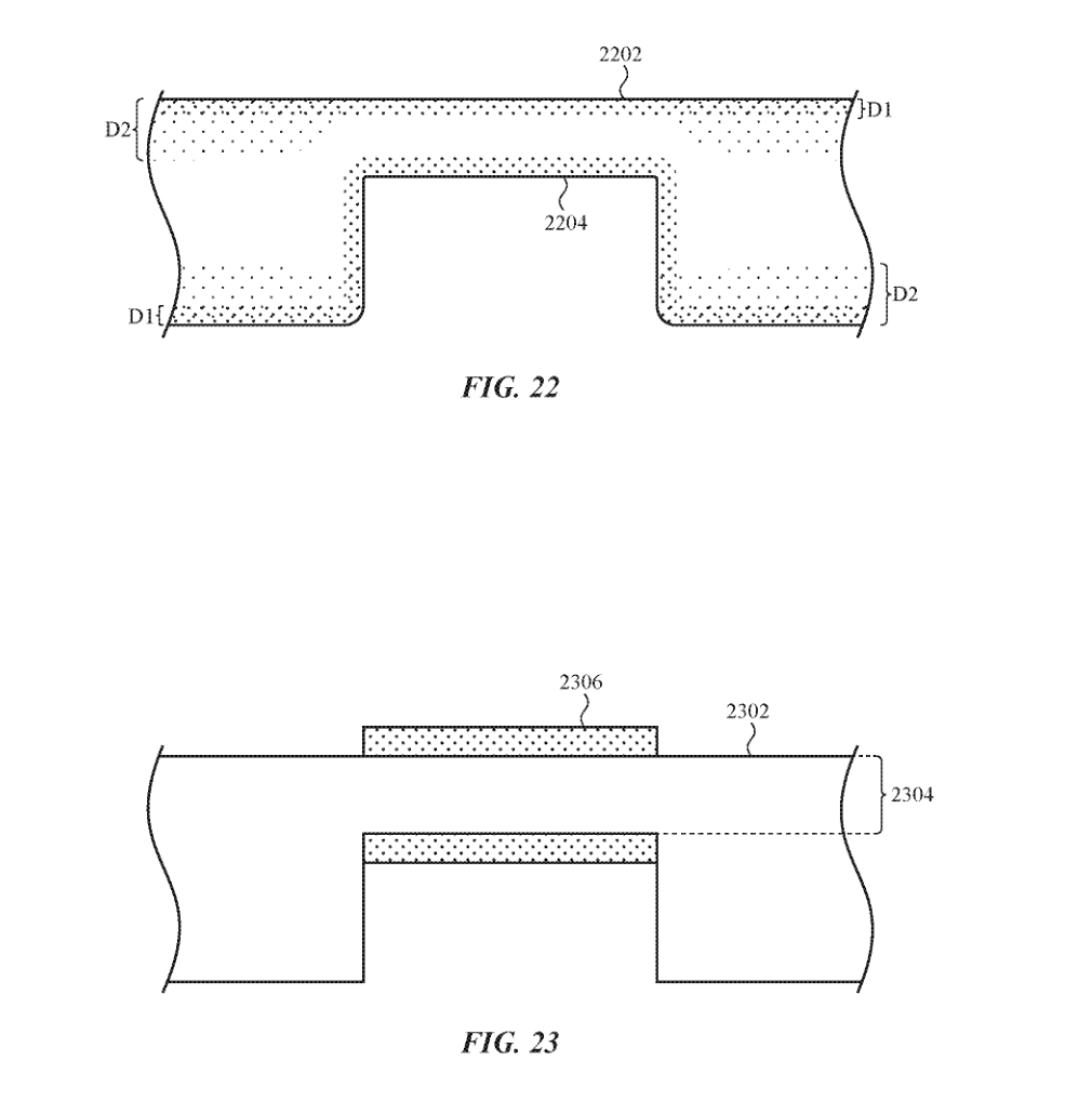 Selective strengthening and masking: Fig. 22 labels the shallower depth D1 and deeper depth D2; Fig. 23 shows a masking step. Original December 12, 2024 file-history drawings, PDF page 24.