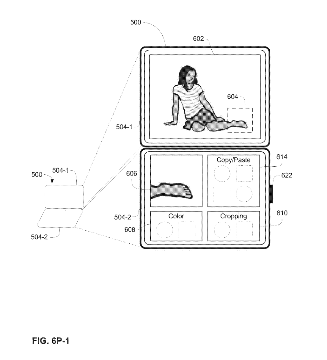 Fig. 6P-1: the bent device shows a full photo above and a detail preview with editing controls below. Original US11079995B1, drawing sheet 30/335, PDF page 32.