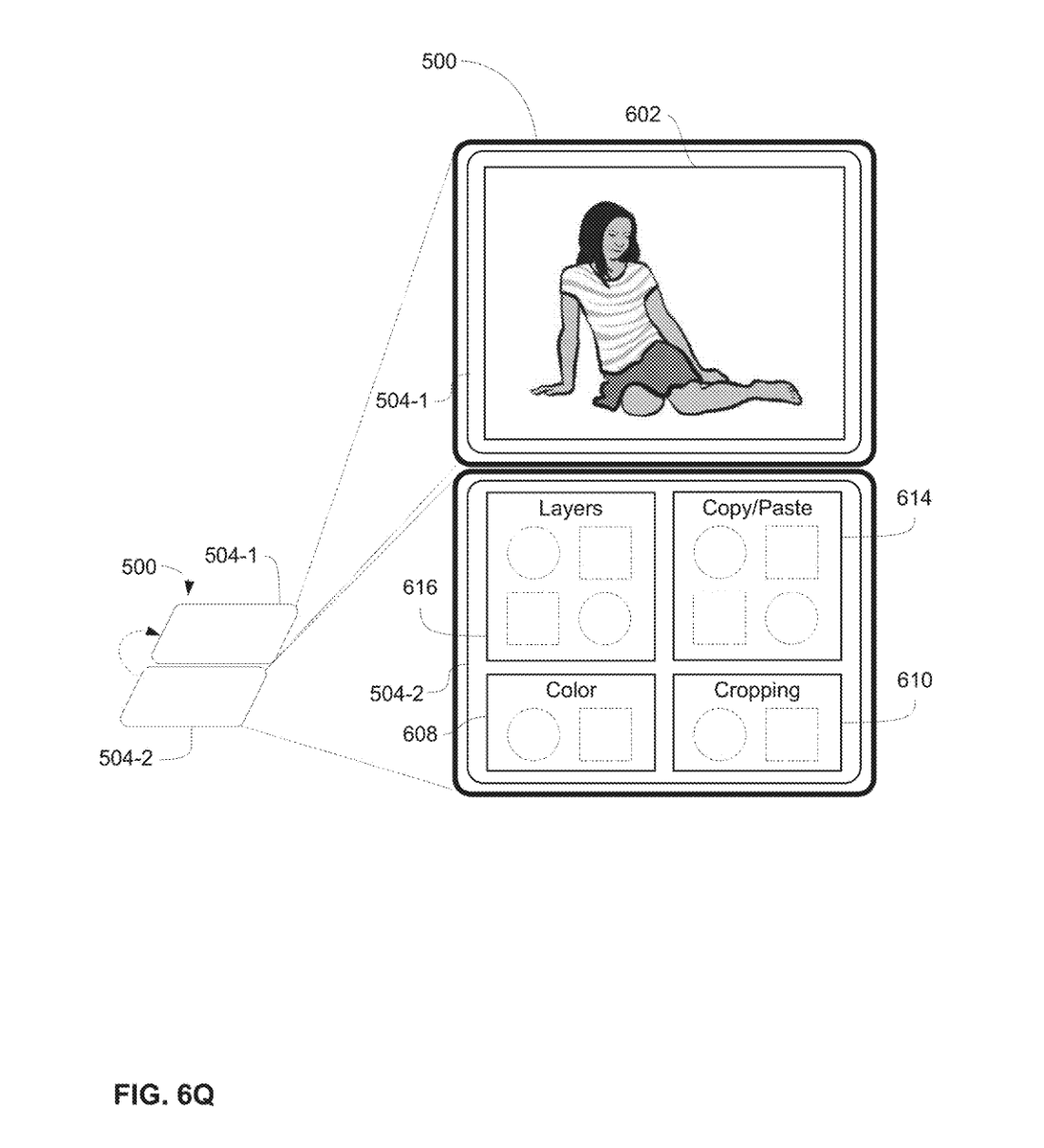 Fig. 6Q: flattening removes the detail preview and makes room for Layers controls. Original US11079995B1, drawing sheet 32/335, PDF page 34. These are patent illustrations, not screenshots of Duo.