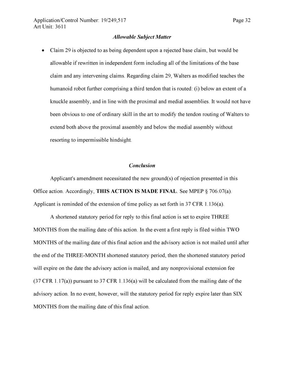 Figure — the December 2025 action’s discussion of then-claim 29. Printed page 32 / PDF page 33. The later July action introduced new prior art against the amended route.