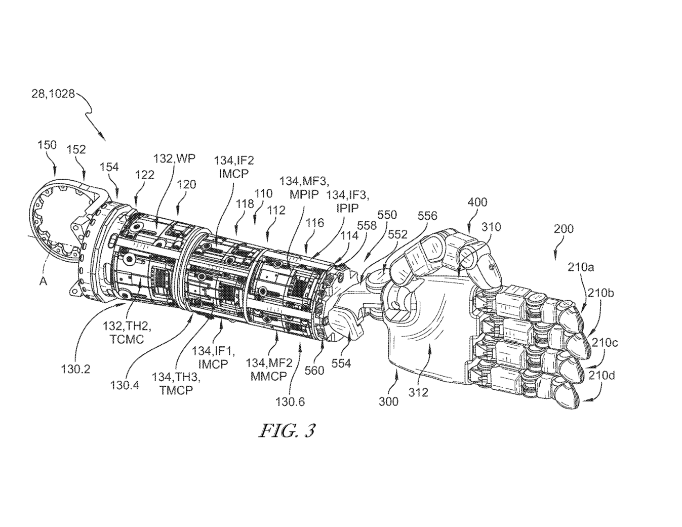 Figure — the forearm, wrist and hand in one view. Fig. 3 from the June 25, 2025 drawing submission, PDF page 3; oriented for reading.
