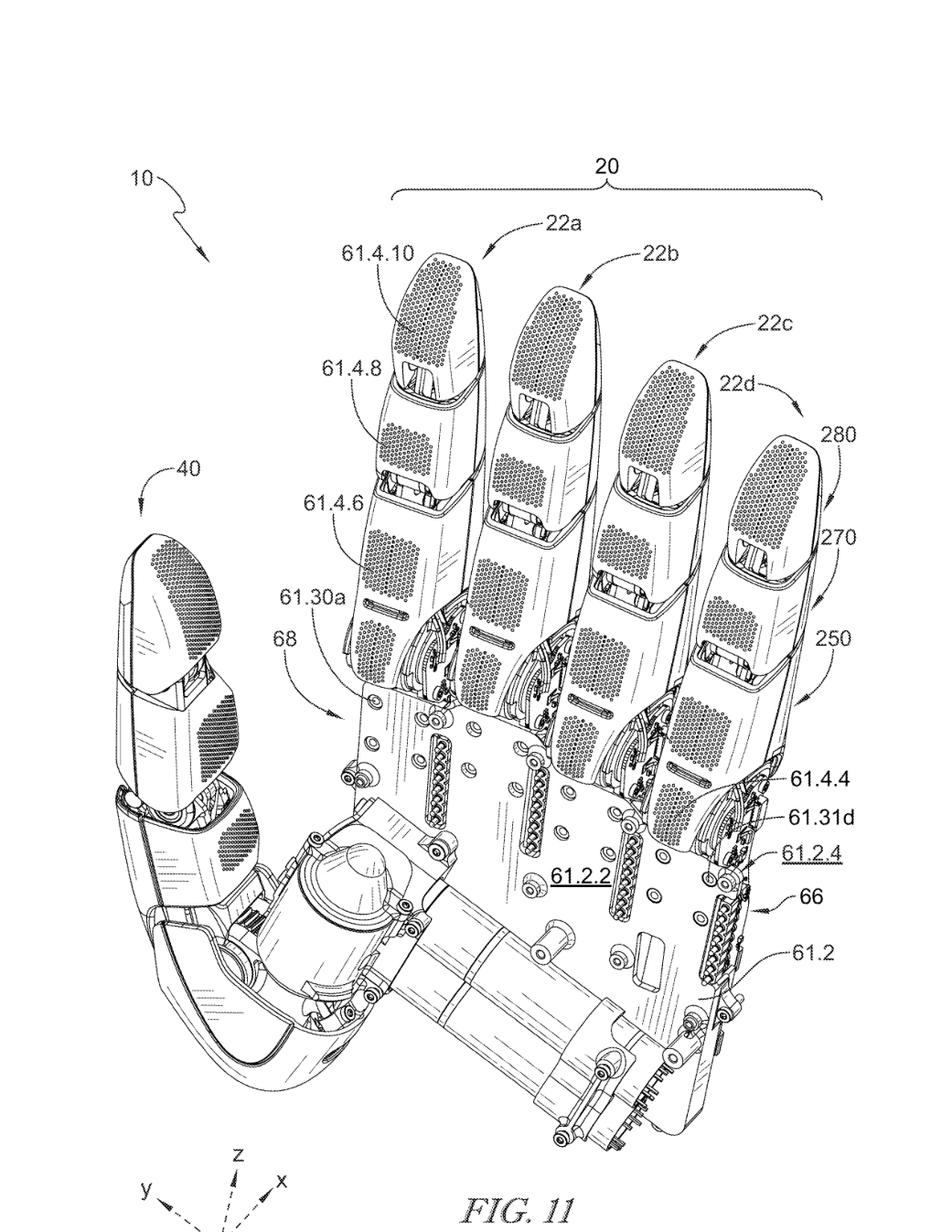 Figure — the modular hand arrangement. Fig. 11 from the finger application’s original drawings, PDF page 8. This is a separate design branch from the forearm-driven hand.