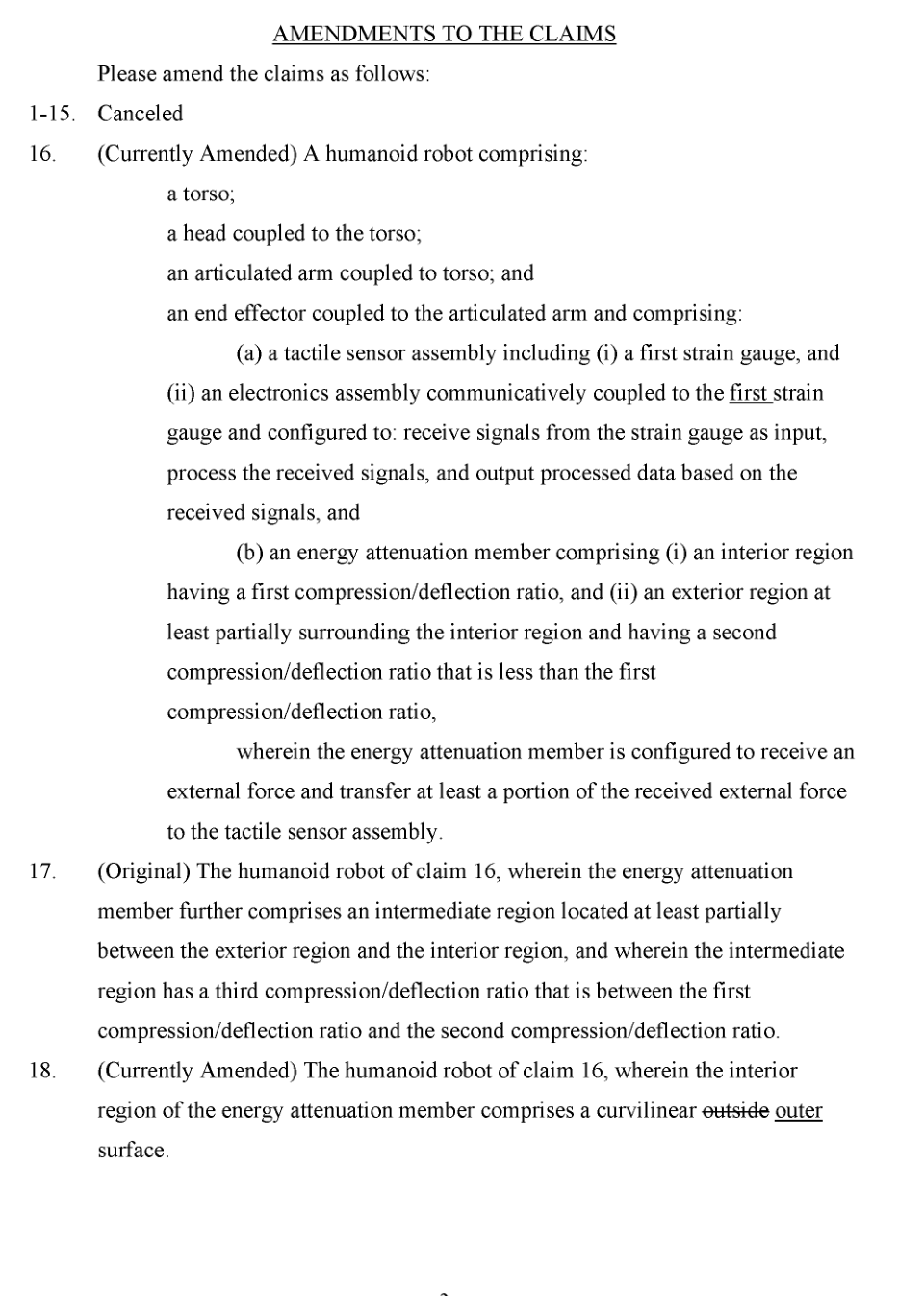 October 28, 2025 amendment: independent claim 16 contains two material regions; dependent claim 17 adds the intermediate region. Original PDF page 1 (printed page 2).
