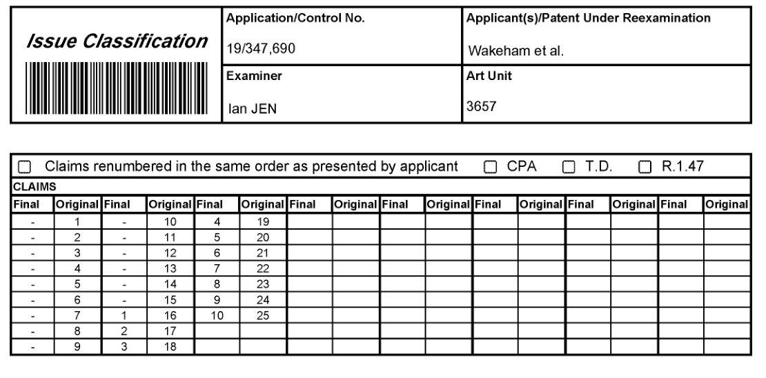 The issue classification sheet maps original claim 16 to issued claim 1, 17 to 2, and 23 to 8. Original PDF page 3.
