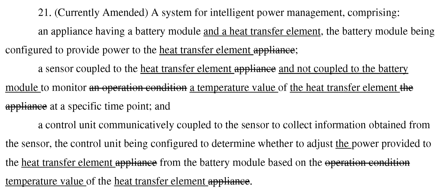 Original marked-up claim 21 showing additions for the heat-transfer element, temperature measurement, and a sensor not coupled to the battery module.