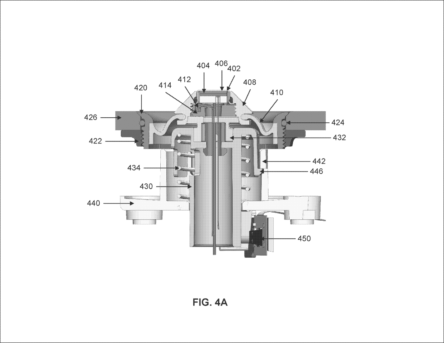 Original Figure 4A cross-section showing the cookware contact sensor and its plunger support.