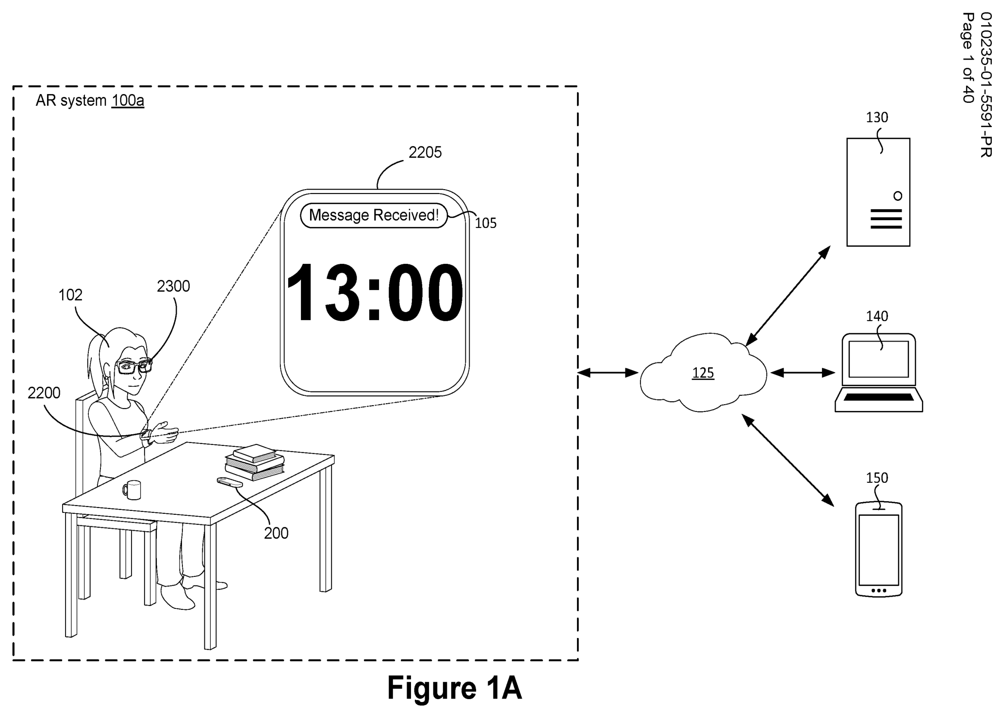 The broader AR system in Meta provisional 63/519,544. Original Fig.1A, drawing PDF p.1; rotated 90° clockwise. Intermediary device 200 appears on the table.