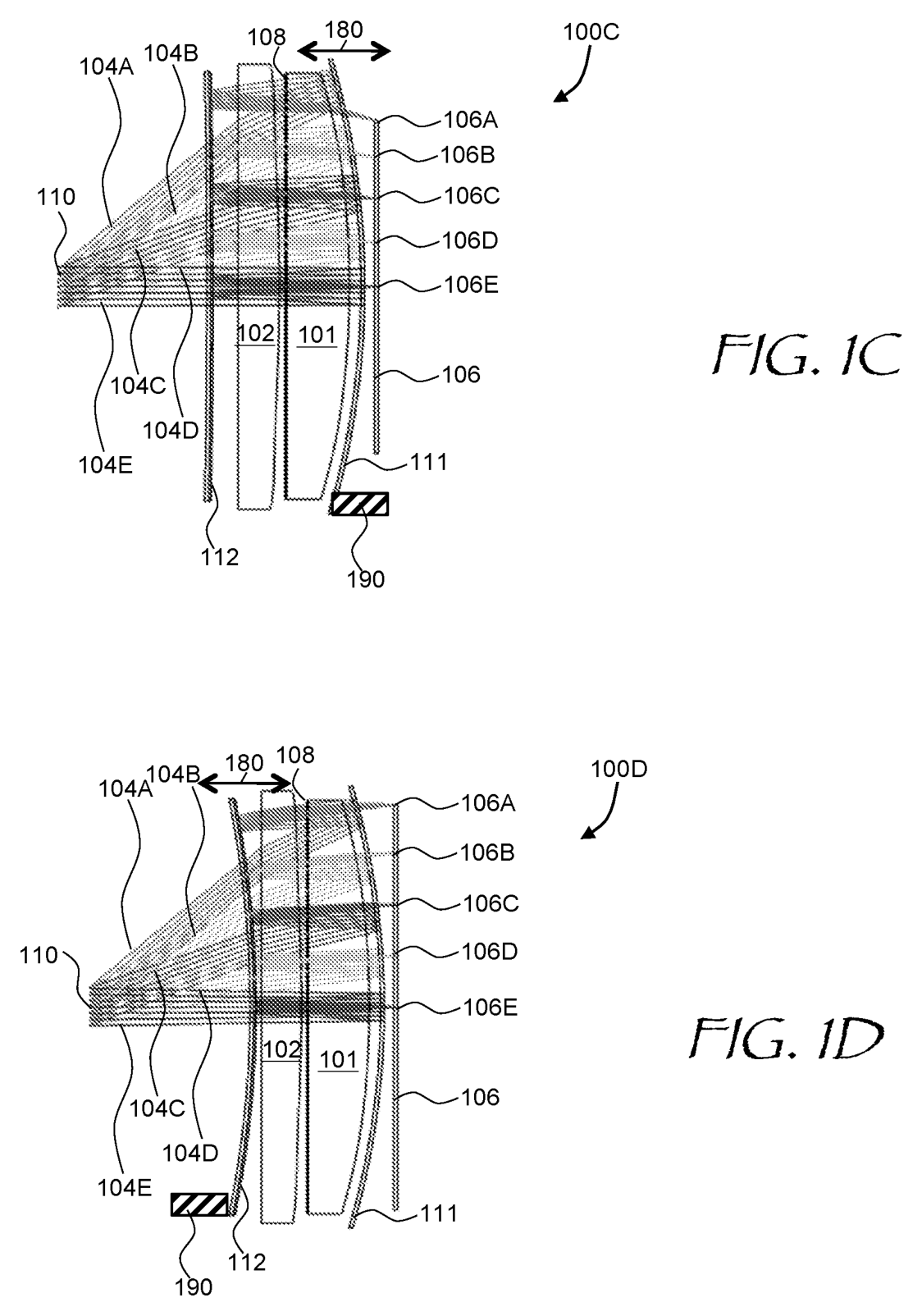 Two ways to tune the folded optical path. Meta provisional 63/414,260, original Figs.1C–1D, drawing PDF p.2.