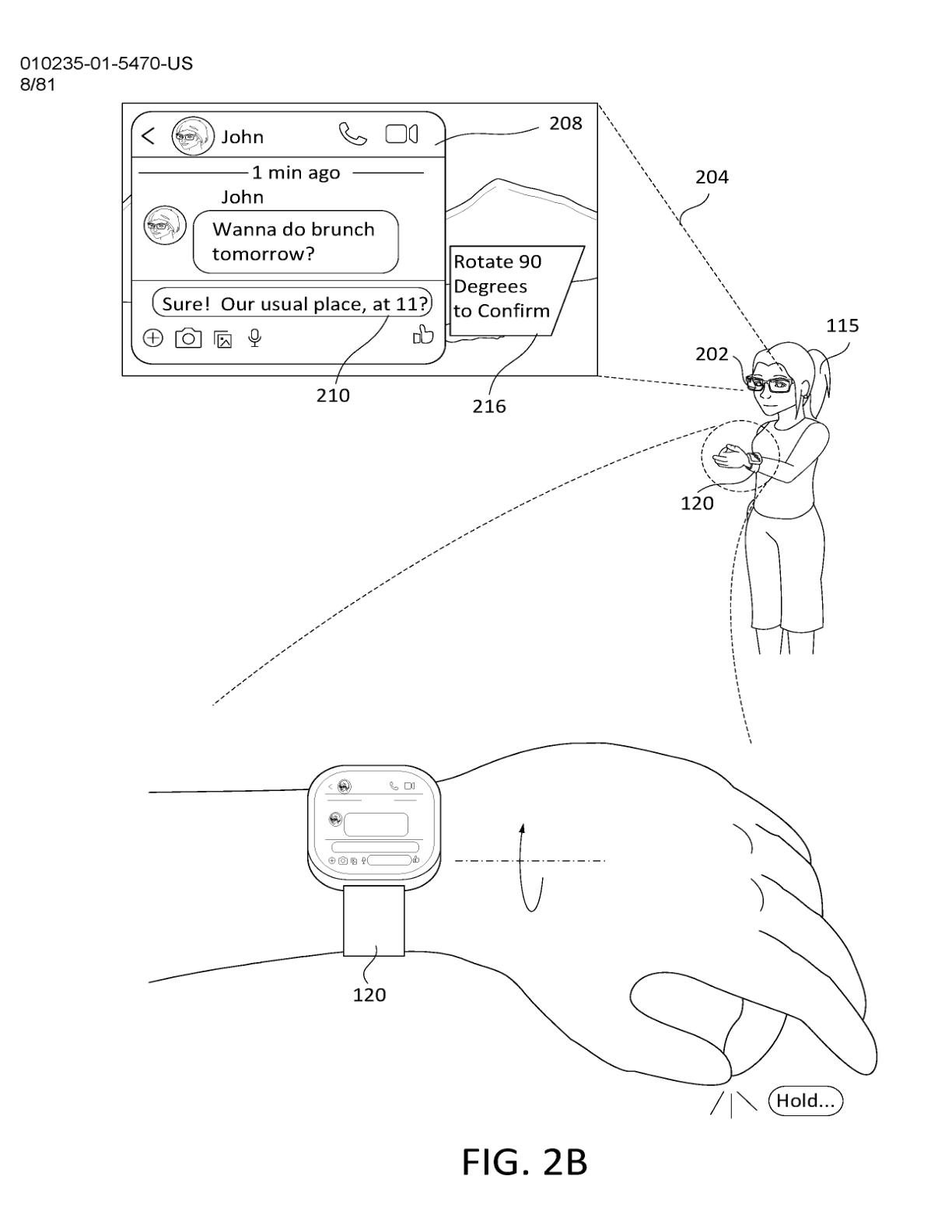 A held ring-finger pinch leads to a prompt to rotate the wrist to confirm a message.