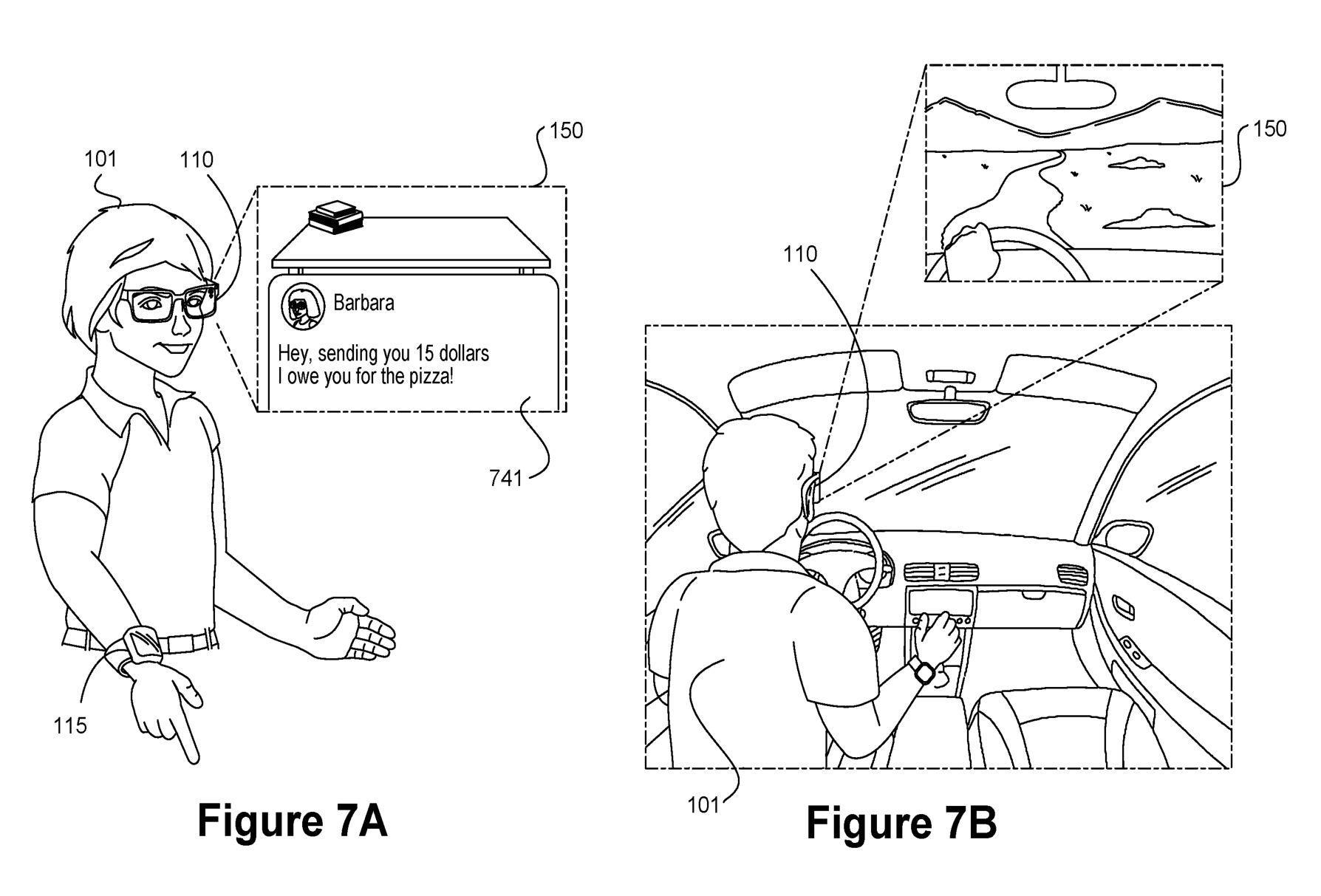 Original Figures 7A and 7B: a message in the glasses display, followed by a driving view with no displayed message.
