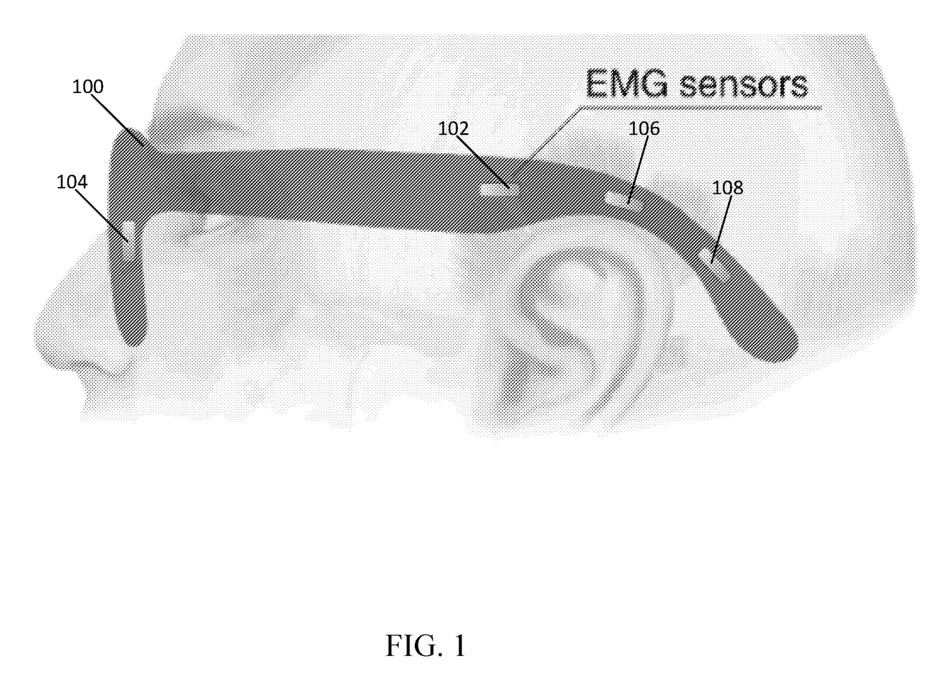 Original Meta silent-speech provisional drawing with sensing locations on a glasses frame.