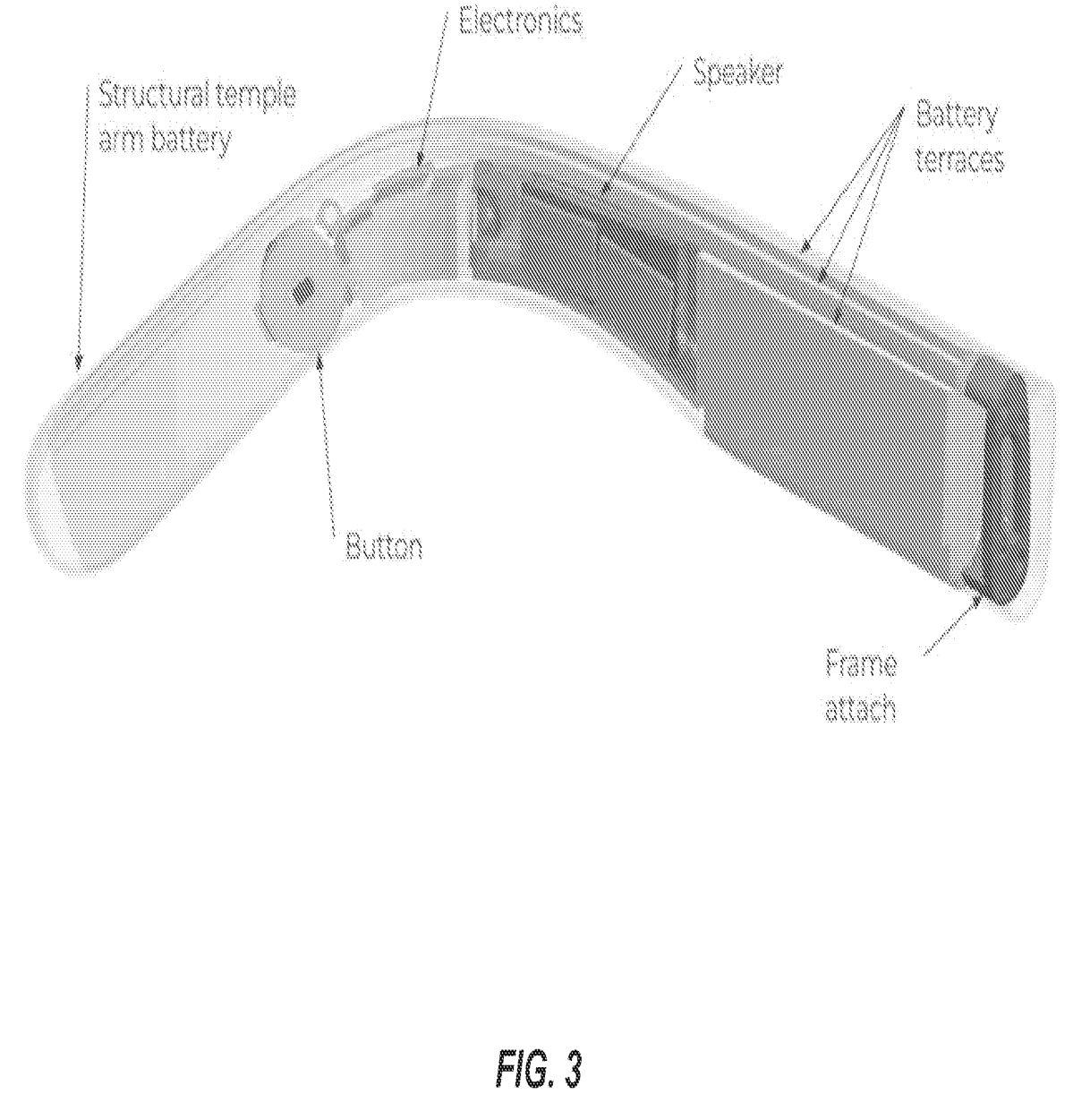 Original provisional Figure 3 labels the structural temple-arm battery, electronics, speaker and battery terraces.