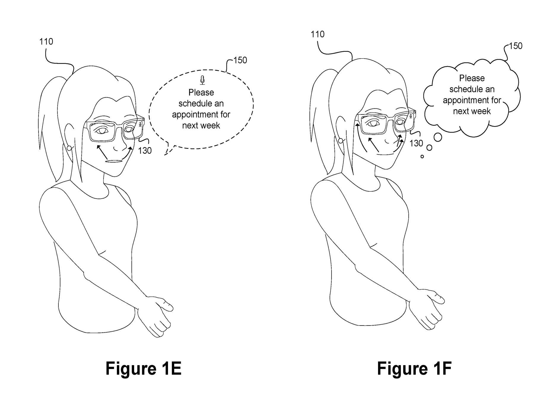 The drawings contrast quiet audible input with a proposed inaudible utterance. The system can change sensing modes.