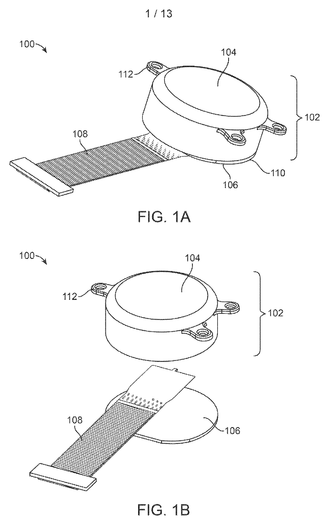 Original assembled and exploded implant enclosure drawings with a ribbon of wires crossing between upper and lower housing portions.