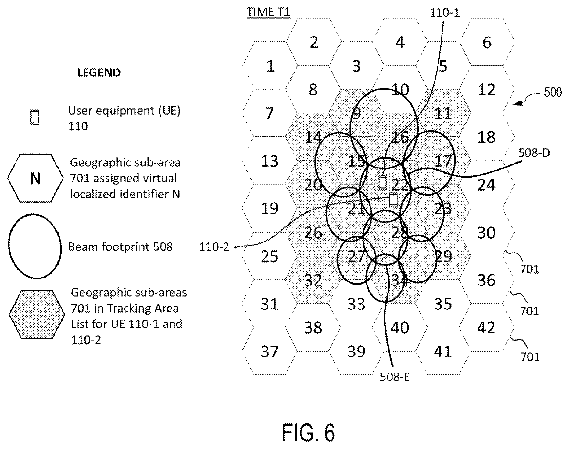 Original Fig.6 distinguishes hexagonal geographic sub-areas and virtual identifiers from elliptical satellite beam footprints.