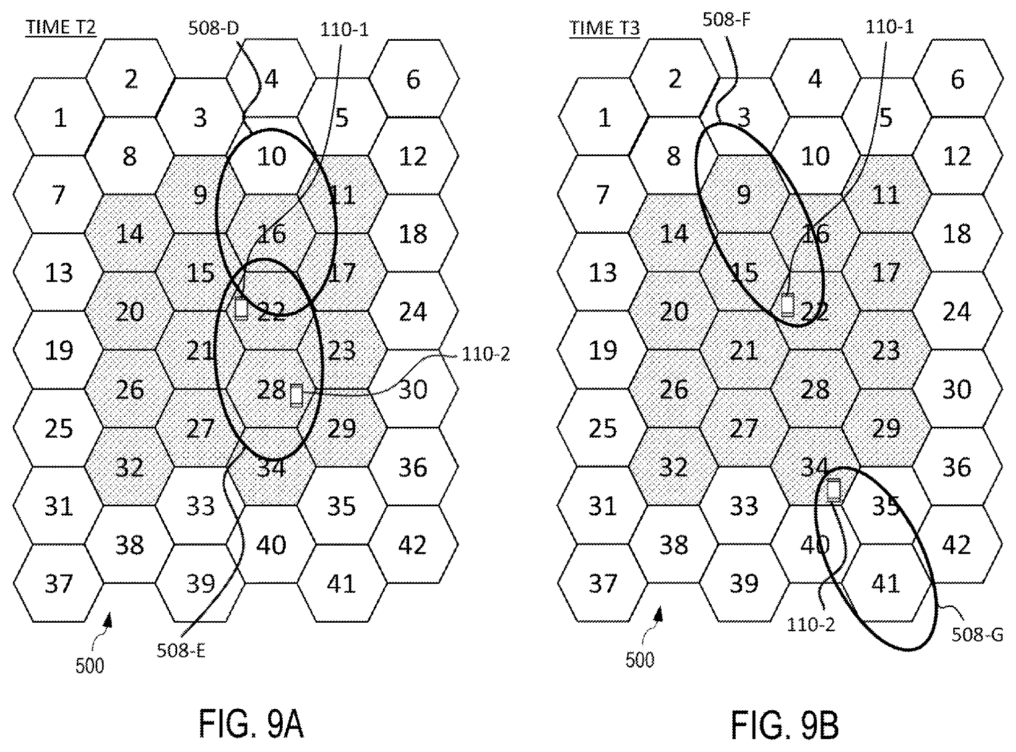 Original Figs.9A and 9B show changing beam coverage at times t2 and t3 around stationary and moving phones.