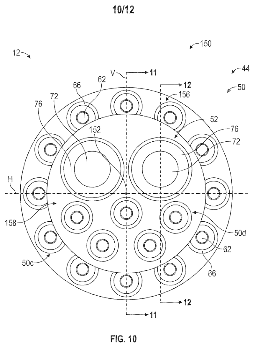 Forearm Fig. 10: the second actuator-bank embodiment, read alongside the inconsistent count in paragraph [0066]. Original sheet 10/12, PDF page 39.