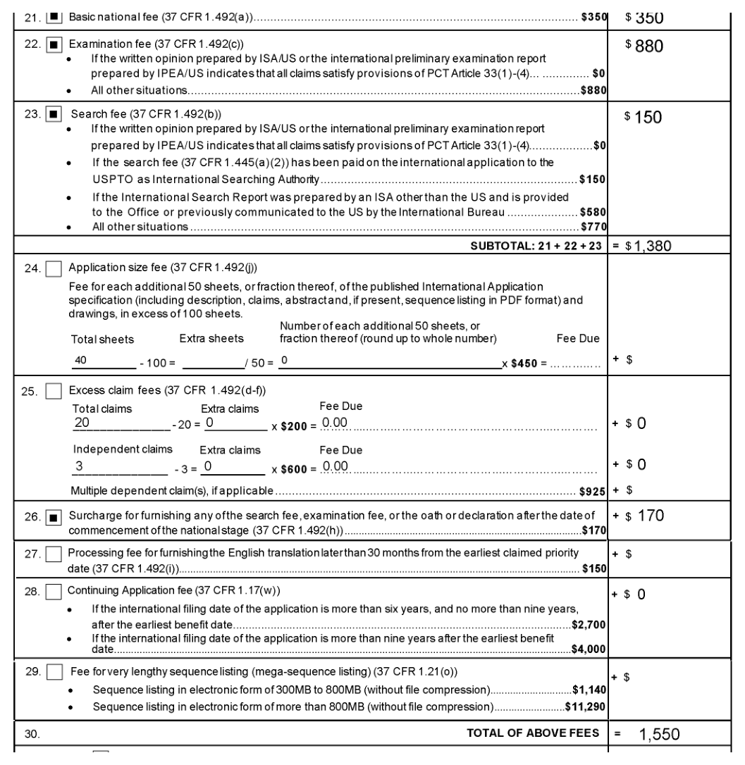 Forearm fee worksheet, page 3: the examination fee and late-item surcharge are distinct entries.