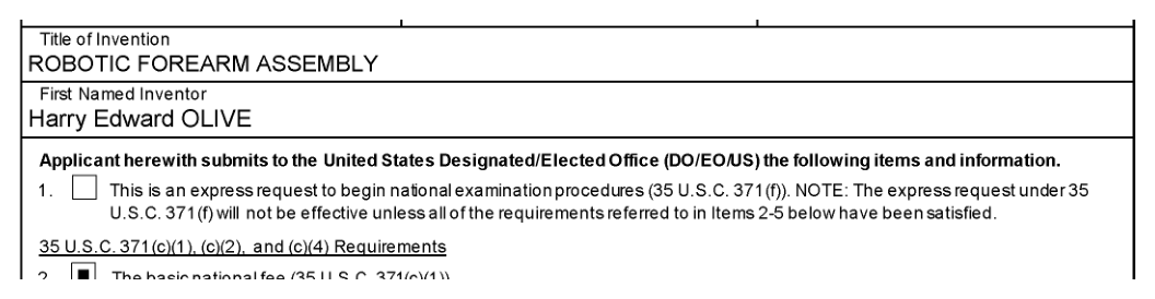 Forearm PTO-1390, page 1: the §371(f) checkbox is empty. The equivalent boxes are also empty in the four companion transmittals.