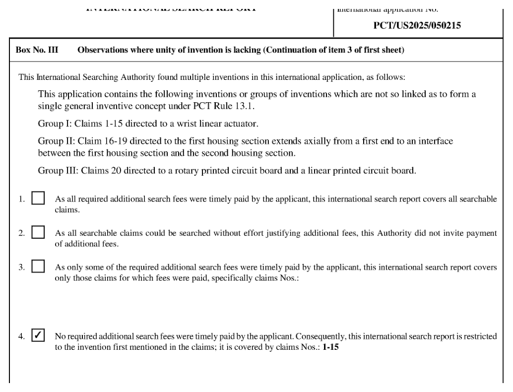 Forearm ISR, Box III: three invention groups and a checked restriction to claims 1–15. Original publication PDF page 44.