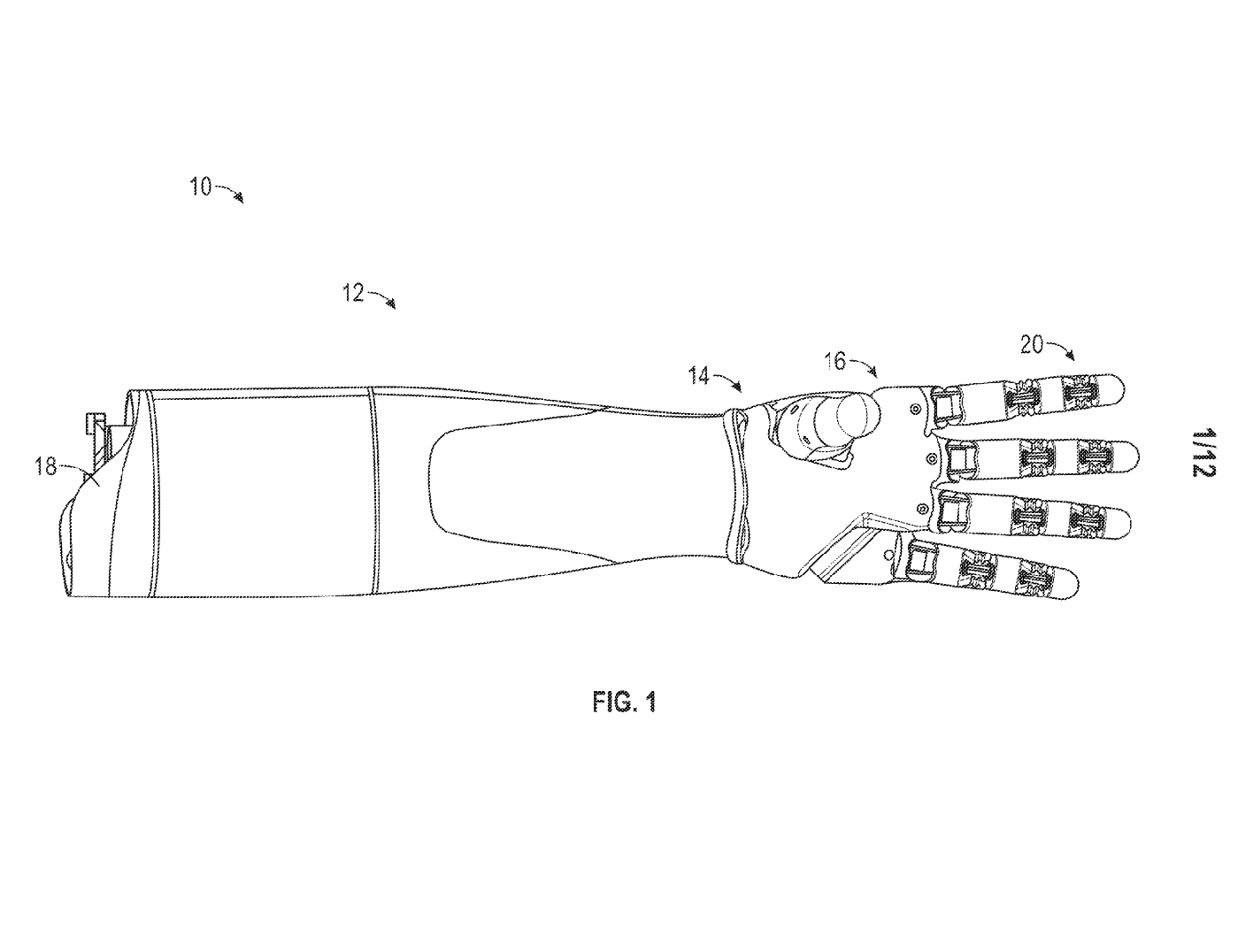 Original Tesla patent drawing showing a complete five-finger hand, wrist and forearm, with labels upright.
