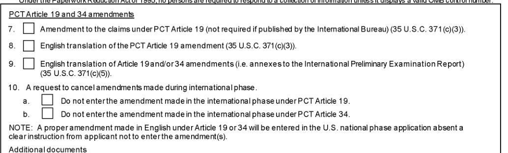 The US transmittal leaves item 10(b), requesting non-entry of Article 34 amendments, unchecked. Original March 20, 2025 filing, PDF page 2.