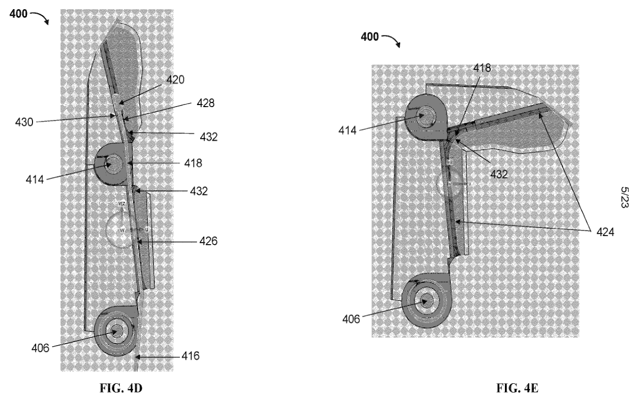 Tesla — the enlarged cable end in the older finger design. Figs. 4D–4E, original drawing PDF page 5; rotated 90° clockwise. The two companies’ drawings are not shown at a common scale.