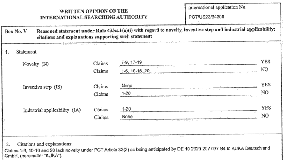 The February 16, 2024 written opinion found no claim inventive as then presented. Read the detailed mapping and Tesla’s later response together. Original PDF page 7.